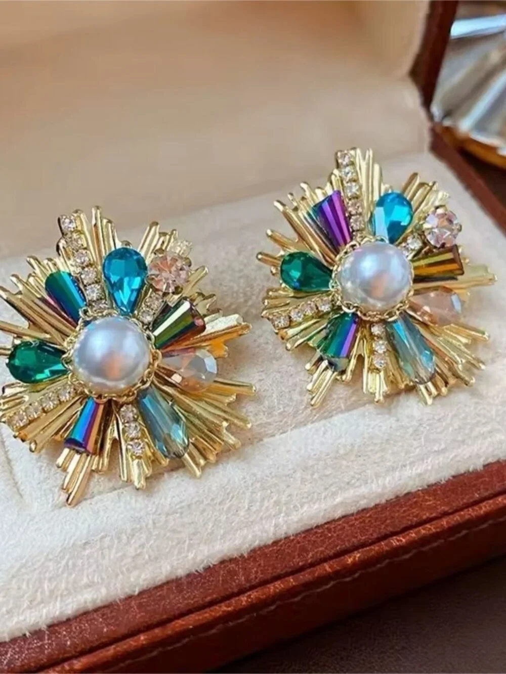 Gold Earrings with Pearl & Green-Blue Crystal Accents